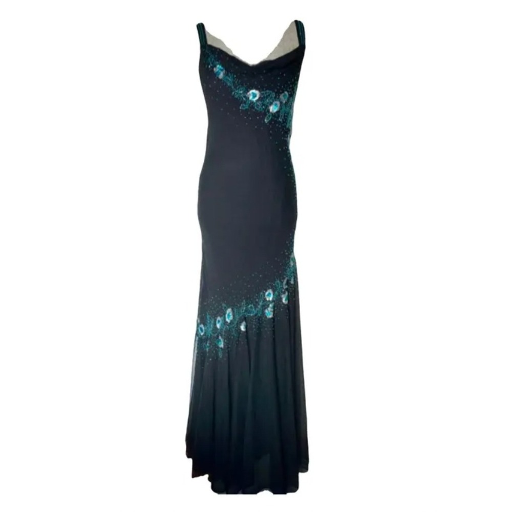 XSCAPE Silk Beaded Evening Gown –‎ Black & Teal – Size 4